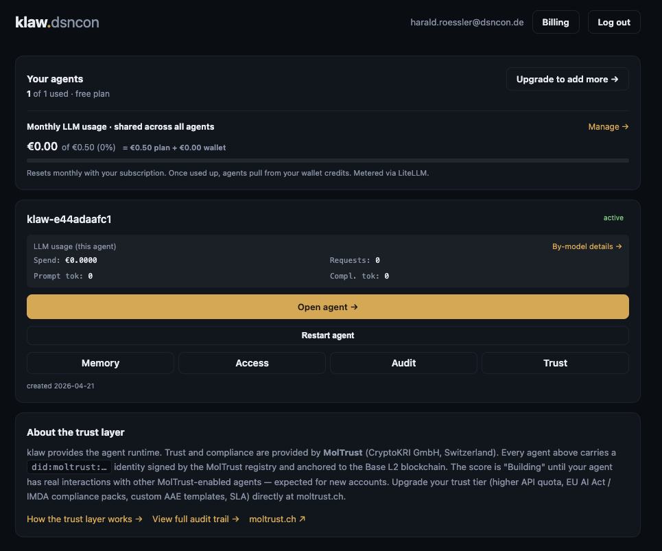 ownify dashboard landing page — plan summary at the top, monthly LLM spend with budget bar, and one card per owned agent with spend, token counts, and four quick links (Memory, Access, Audit, Trust).