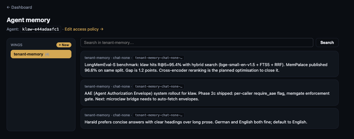 Memory browser — wings list on the left (public, shared, private, security, diary, tenant-memory); drawer list on the right showing wing / room / sub-scope and the first line of content; full-text search input at the top; link to 'Edit access policy' that jumps to the Access tab.