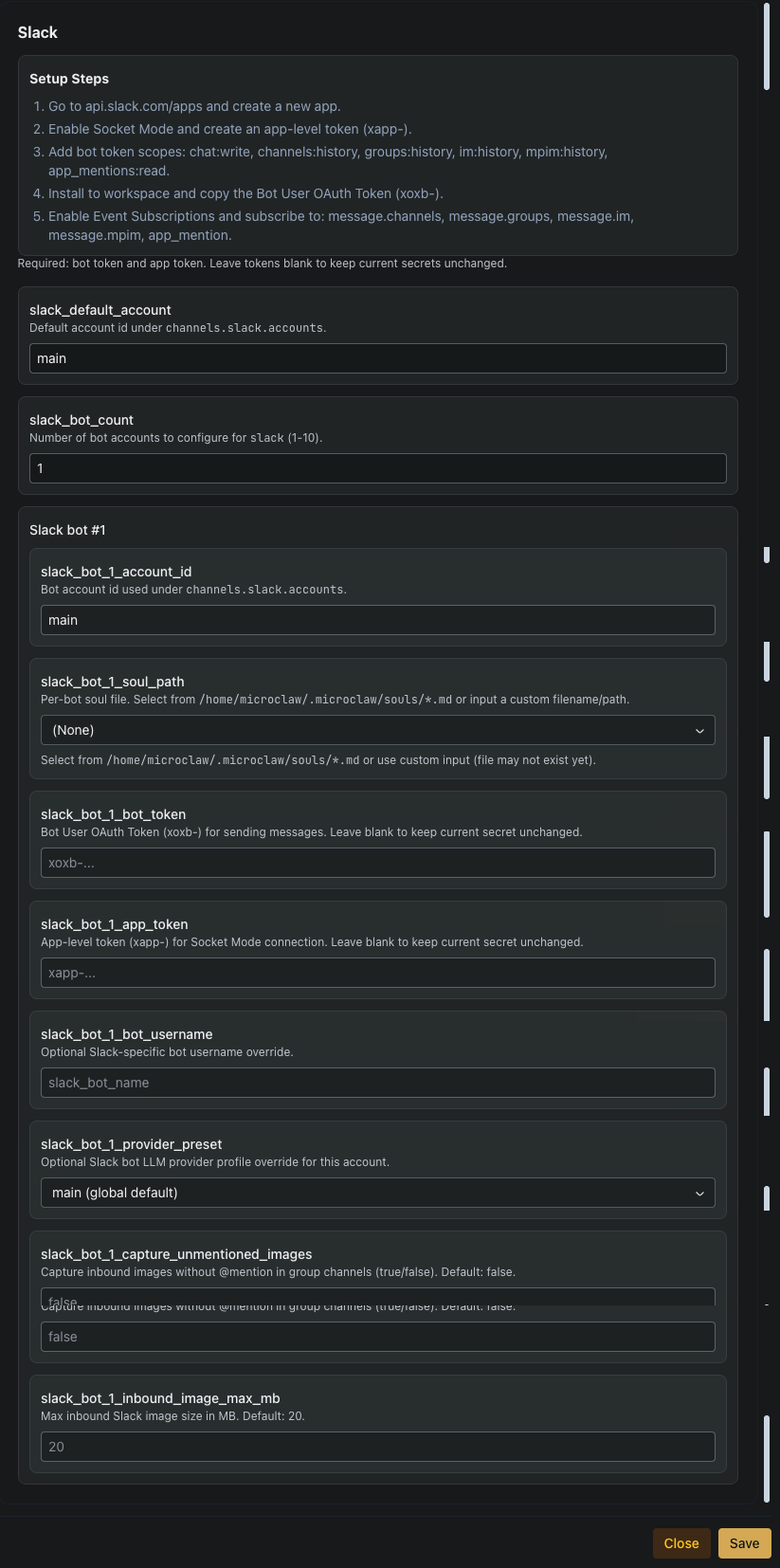 Slack channel settings